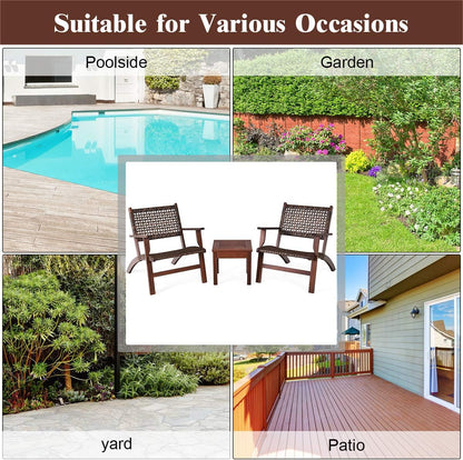3 Pieces Patio Conversation Set, Solid Eucalyptus Wood Frame Outdoor Wicker Furniture Set Bistro Set with Coffee Table, Rattan Furniture Set for Backyard Porch Garden Poolside Balcony (Brown)6