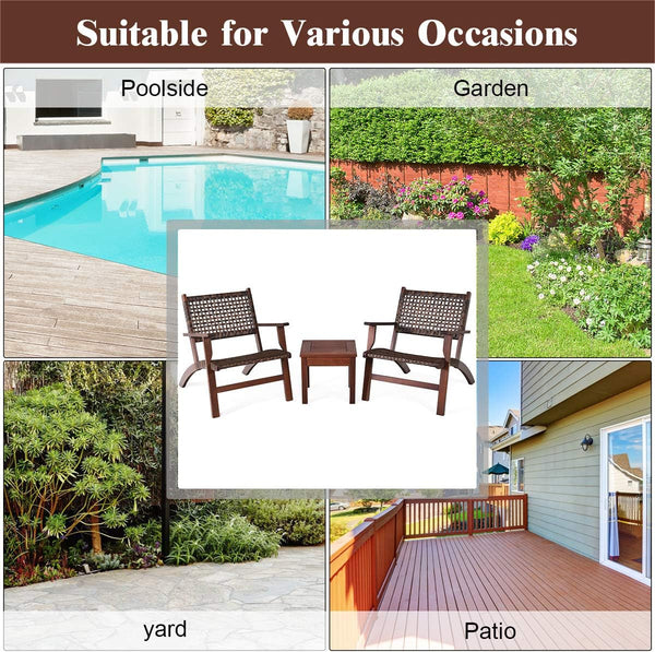 3 Pieces Patio Conversation Set, Solid Eucalyptus Wood Frame Outdoor Wicker Furniture Set Bistro Set with Coffee Table, Rattan Furniture Set for Backyard Porch Garden Poolside Balcony (Brown)6