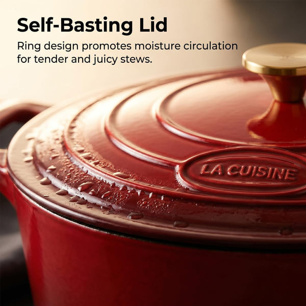La Cuisine Enameled Cast Iron Oval Dutch Oven Casserole Dish Pot with Lid 5 QT Internal Matt Black Enamel Coating, Cranberry, Gold-Plated Stainless Steel Lid Handle, Oven Safe4