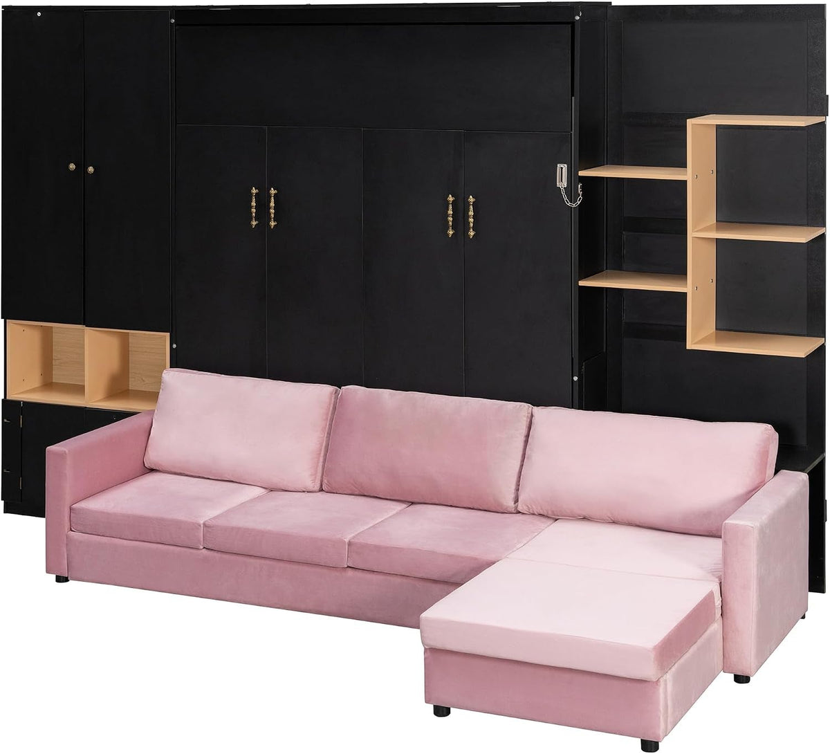 queen-size-murphy-bed-with-large-sofa-and-storage-shelves-for-bedroom-guest-study-room-space-saving-wooden-foldable-wall-bed-frame-with-dual-led-and-cabinets-no-box-spring-needed