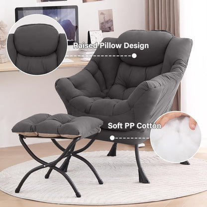 Lazy Chair with Ottoman, Comfy Reading Accent Chair, Dark Grey | Foldable Footrest, Padded Seat and Backrest, Side Pocket for Lounging in Living Rooms, Bedrooms, Dorms and Small Spaces4