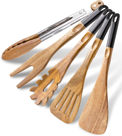 Wood Cooking Utensils Set, 5 PCS Wooden Spoons for Cooking Includes Stainless/Wood Kitchen Tongs, Non-Stick Wooden Utensil Set with Innovative Finger Groove & Non-Slip Notch Design, Black1