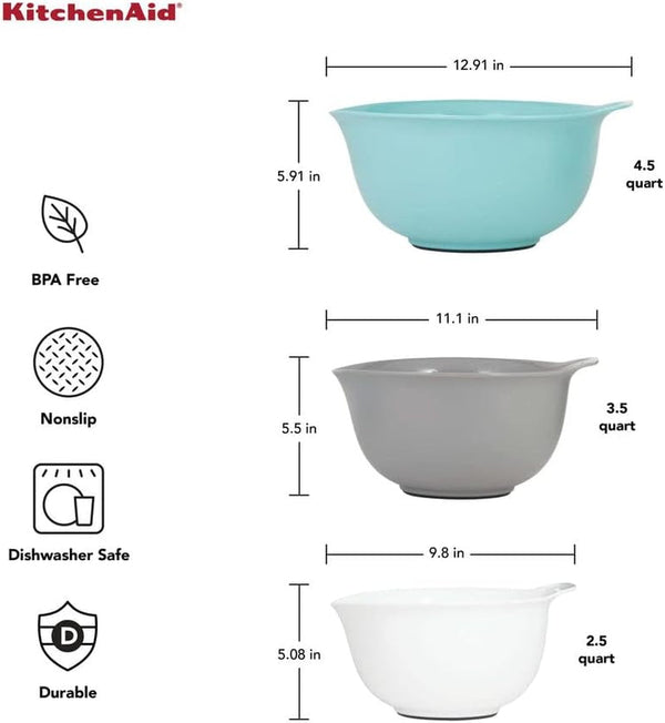 Kitchenaid Universal Nesting Plastic Mixing Bowls, Set of 3, 2.5 Quart, 3.5 Quart, 4.5 Quart, Non Slip Base with Easy Pour Spout to Reduce Mess, Dishwasher Safe, Aqua Sky, White, Gray3