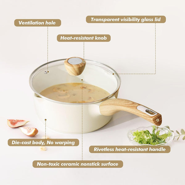 1.5 & 2.5 Quart Ceramic Sauce Pan Sets with Lid, Cooking Pots Set, Nonstick Saucepan Set with Pour Spout, Small Kitchen Pot, Non Toxic Saucepot, Induction Comptable, PFOA PTFE PFAS Free8