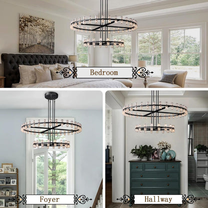 D32''+D40'' Large Black Wagon Wheel Chandelier 72-Lights Black round Chandeliers Glass Chandeliers for Dining Room,Living Room Vintage Chandelier7