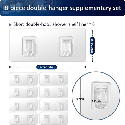 Shower Caddy Adhesive Replacement Hooks, Heavy Duty Waterproof Strips, No Drilling for Bathroom Shelves, Kitchen Racks, and Soap Holders (Transparent-8Pack 2Hook)3