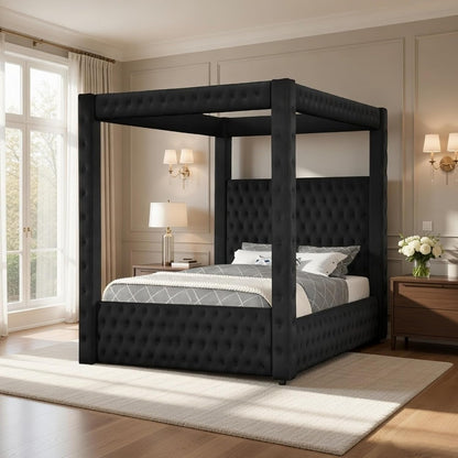 Beli King Size Canopy Bed, Tufted Design, Black Velvet Upholstery2