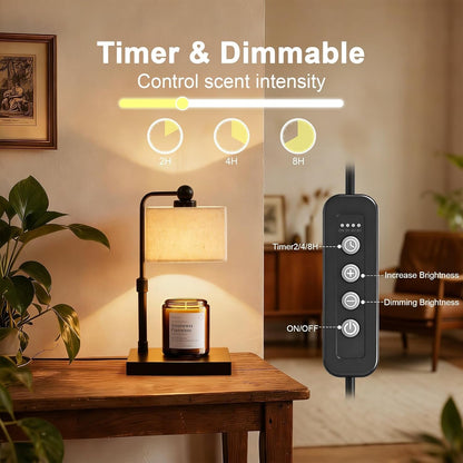 Candle Warmer Lamp with Timer, Dimmable, Adjustable Height, Modern Farmhouse Linen Shade, Black Candle Warming Lamp for up to 6-Inch Jar Candles, 2 Bulbs Included2