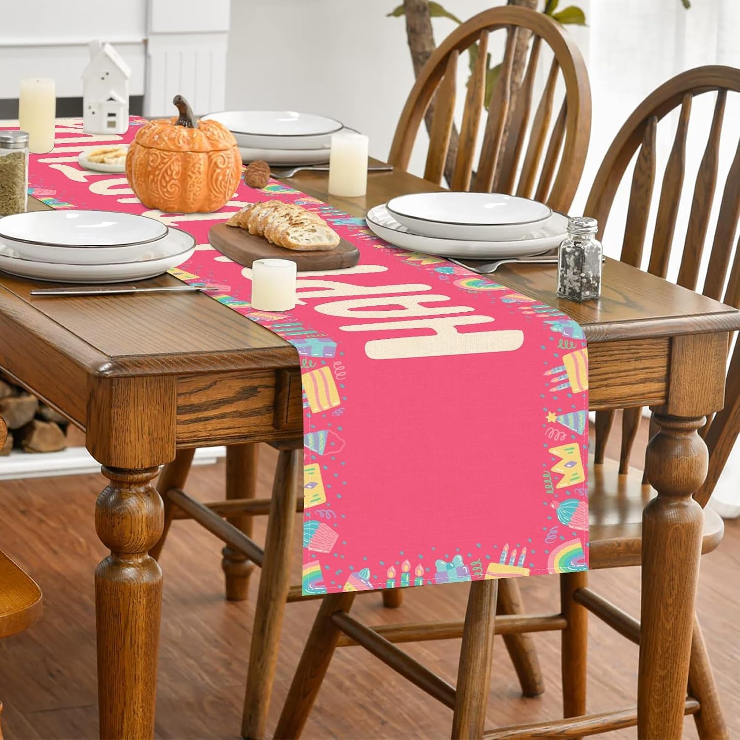 happy-birthday-table-runner-13x72-inch-pink-birthday-cake-box-candle-rainbow-farmhouse-polyester-linen-table-decoration-for-kitchen-dinning-indoor-outdoor-home-dinner-party-red