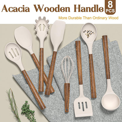 Silicone Cooking Utensil Set, 8-Piece Kitchen Utensils Set with Natural Acacia Wooden Handles, Silicone Kitchen Gadgets and Spatula Set for Nonstick Cookware - Khaki5