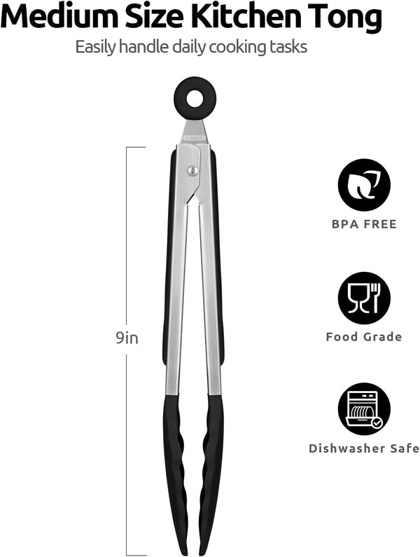 Kitchen Tong for Cooking, 600ºf Heat-Resistant Silicone, 9In/Black2