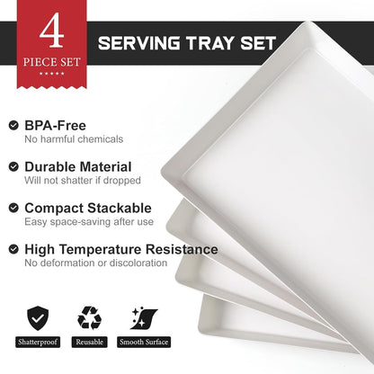 4-Pack Plastic 16" X 11" Large White Serving Trays Set - Reusable Serving Platters for Cookie, Appetizer, Charcuterie, Snack, Dessert, Party Food Display - Stackable Kitchen Countertop Tray, BPA Free4