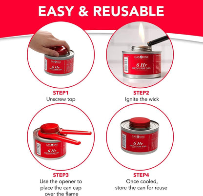 12 Pack 6 Hour Chafing Fuel - Food Warmer for Chafing Dish Buffet Set - Reusable Liquid Safe Fuel with Wick & Lid Opener3