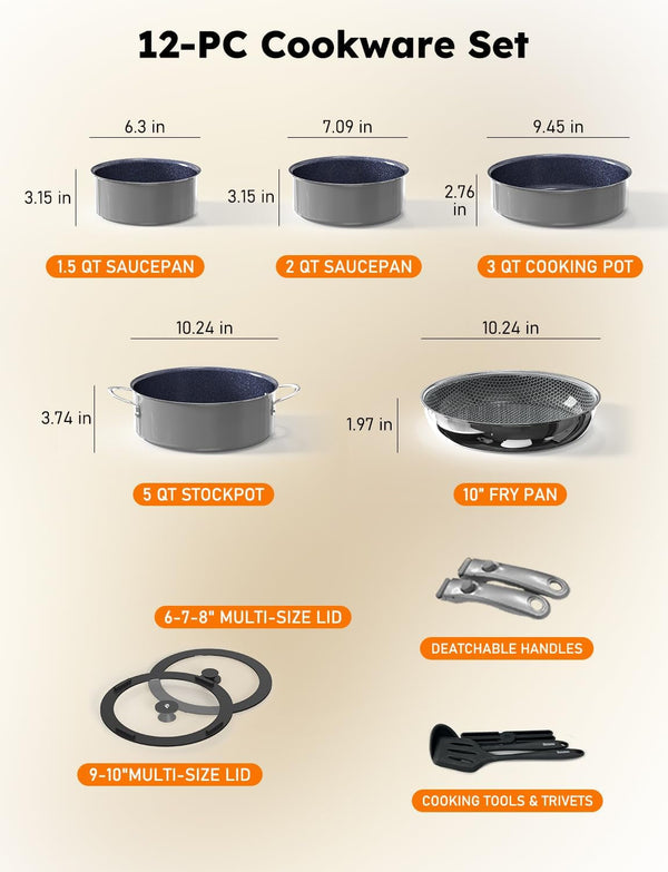 Pro  Ceramic Pots and Pans Set & 2026 Upgraded Hybrid 3-Ply Stainless Steel Frypan, 2X Non Stick, High Heat Sear, PFAS PTFE PFOA Free Non Toxic Induction Cookware,Removable Handle,Oven Safe,12Pc12