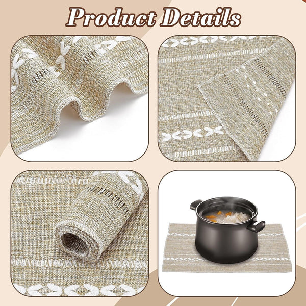 10PCS Cotton Linen Placemats 12 X 18 Inch Boho Placemats Rustic Hemstitch Place Mats Heat Resistant Wrinkle Free Table Mats for Kitchen Table Home Decorations (Beige)3