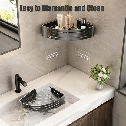 Corner Shower Caddy, 2 Pack Aluminum Alloy Shower Shelves with Adhesive Stickers, No Drilling, Removable Organizer with Towel Bar & Hooks5