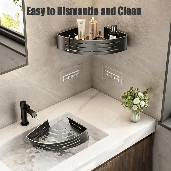 Corner Shower Caddy, 2 Pack Aluminum Alloy Shower Shelves with Adhesive Stickers, No Drilling, Removable Organizer with Towel Bar & Hooks5