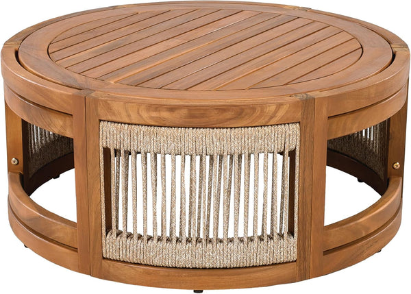 Nesbit 4 Pieces Conversation Set, Acacia Wood Chat Set, Woven Rope Loveseat and Accent Chairs, Slat Panel Coffee Table, Patio Furniture Set for Backyard Balcony Garden, Beige11