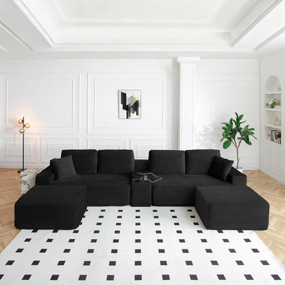 150 Inch Modular Sectional Sofa Couch, Oversized Modern Cloud Couch for Living Room, U Shape Couches with 2 Ottomans, USB Ports and Cup Holders, Black Corduroy Boneless Sofas, Sofa in a Box1