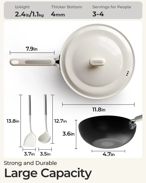 Carbon Steel Wok Pan - 11.8 Inch Pre-Seasoned Flat Bottom Chinese Woks & Stir Fry Pans with Lid, Lightweight Kitchen Cookware for All Stovetops, Gas, Electric, Gift for Women/Mom with Spatula Spoon3