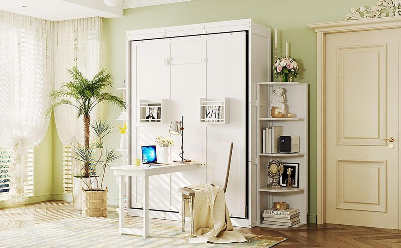 rotating-queen-murphy-bed-with-hidden-wall-cabinet-dual-3-tier-side-shelves-convertible-desk-white