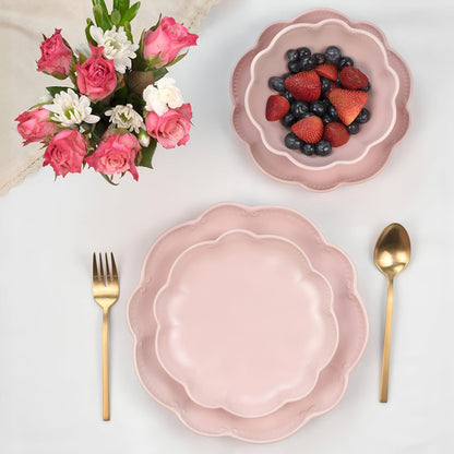 12 Pieces Scalloped Dinnerware Set, Modern Pink Dishes for 4, Premium Serving Plates & Bowls Sets, Chip Resistant, Blush Ceramic Dishware, Kitchen Dish, Microwave & Dishwasher Safe, Bethany9