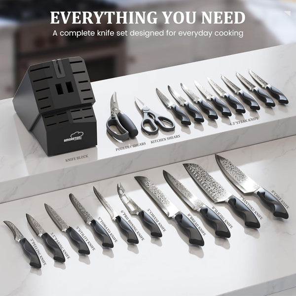 22 Pieces Knife Block Set with Built-In Sharpener | Built-In Sharpener Block, Dishwasher Safe, High Carbon German Stainless Steel, Laser-Engrave, Kitchen Weddings Birthdays Gift2
