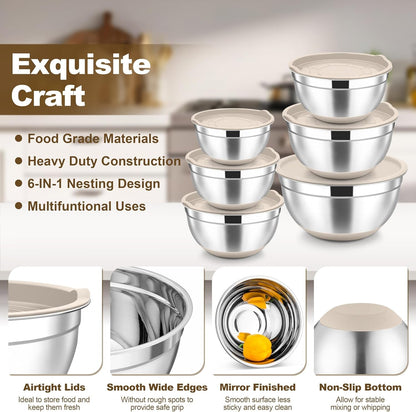 Mixing Bowls, Stainless Steel Salad Bowl with Lid & Graters -Khaki4