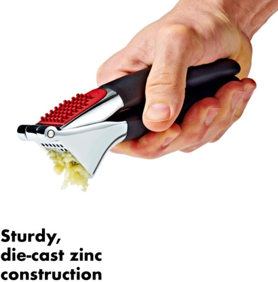 oxo-good-grips-garlic-press-easy-to-squeeze-self-cleaning-tool-black-garlic-crusher-for-unpeeled-cloves-soft-non-slip-handle-die-cast-zinc-for-durability-built-in-cleaner-dishwasher-safe