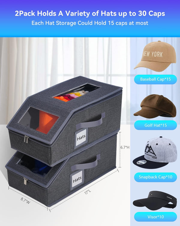 2PCS Stackable Hat Organizer for Baseball Caps, Hat Organizer Holds up to 30 Caps for Closet with Clear Window, Sturdy Frame Hat Storage for Men & Women, Space Saving (Drak Grey)5