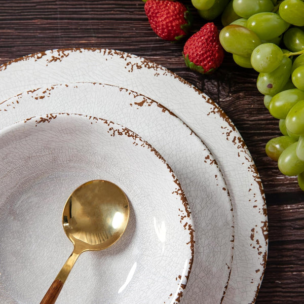 Vintage Melamine Dinnerware Sets, 18 Piece Lightweight and Unbreakable Outdoor Plates and Bowls Set, RV Dishes Set of 6, Chip Resistant Kitchen Plate Set for Indoor and Outdoor Use, White2