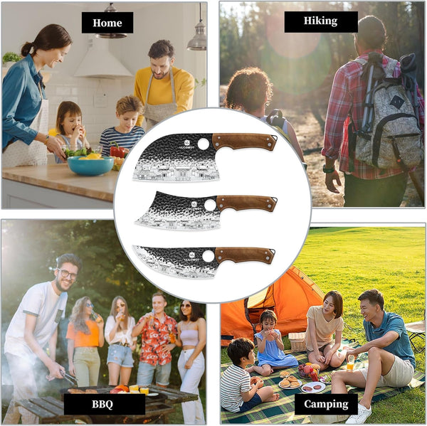 3PCS Butcher Knife Set, Includes 7" Butcher Meat Cleaver, 7" Serbian Chef and 6.5" Viking Knife, Stainless Steel Kitchen Knife Set with Wood Handle, Geat for Indoor&Outdoor (Stylish Pattern)9