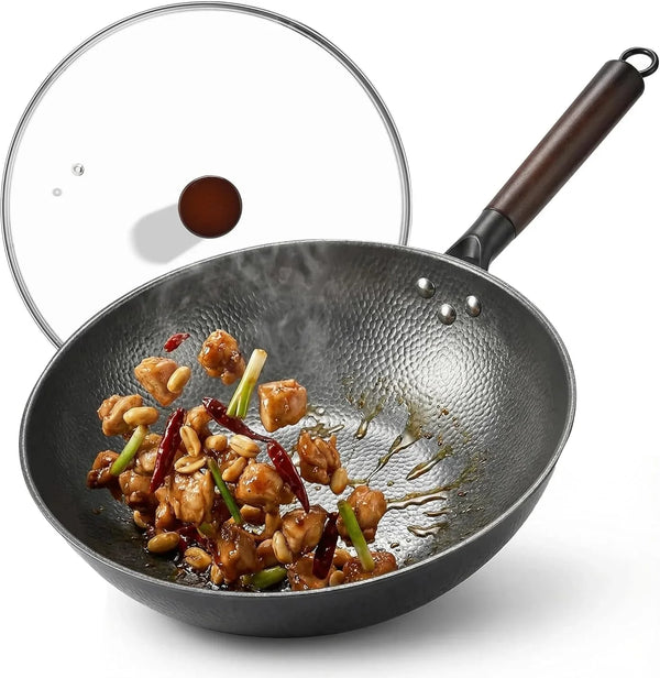 13 Inch Carbon Steel Wok with Lid, Large Flat Bottom Woks & Stir-Fry Pan | Large Chinese Wok Pan, 6.45QT, Nitrided Carbon Steel, No Chemical Coating, for All Stoves1