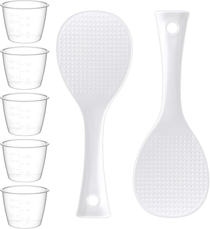 5 Pack Plastic Rice Measuring Cups, 160 Ml Measuring Cup for Rice Cooker, Rice Cup Replacement, Heat Resistant Non Stick, with 2 Pack Rice Paddle Rice, Kitchen Supplies, Dog Cat Food Measuring1
