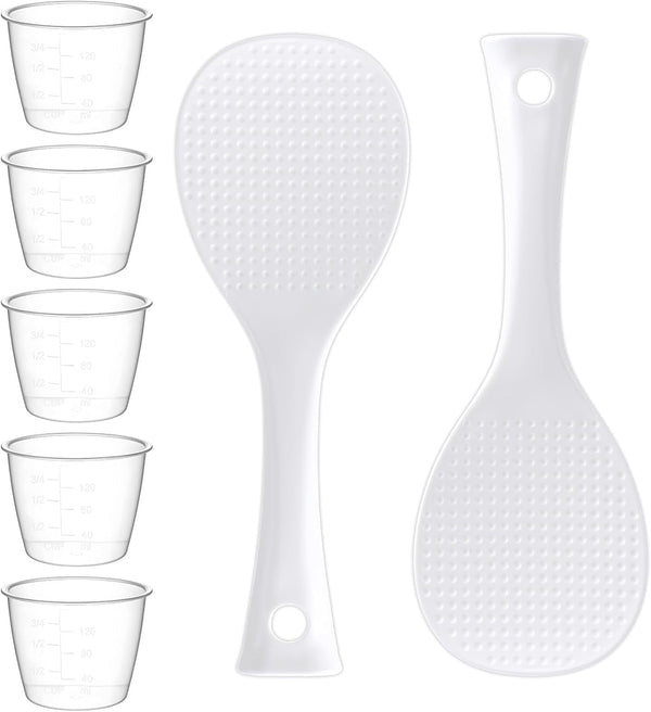 5 Pack Plastic Rice Measuring Cups, 160 Ml Measuring Cup for Rice Cooker, Rice Cup Replacement, Heat Resistant Non Stick, with 2 Pack Rice Paddle Rice, Kitchen Supplies, Dog Cat Food Measuring1