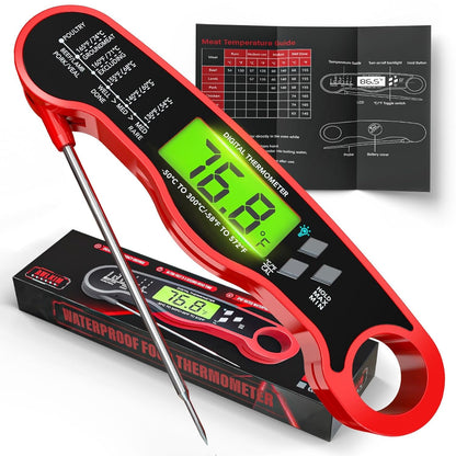 Meat Thermometer Digital, Instant Read Food Thermometer, Red | Waterproof Cooking Thermometer with Doneness Chart, Backlight, F/C Switch for BBQ, Candy, Oil1