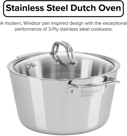 Viking Contemporary 3-Ply Dutch Oven, 5.2 Quart Stainless Steel Cookware Pot with Glass Lid, Dishwasher and Oven Safe, Induction Ready, Silver2
