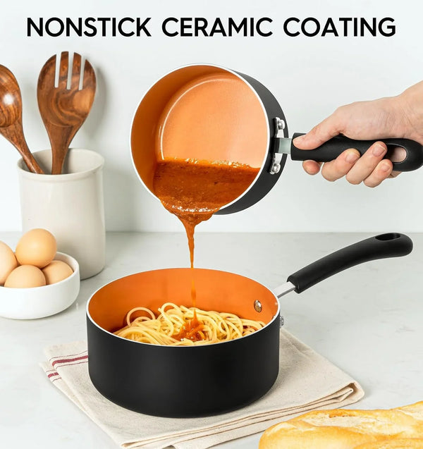 Nonstick Sauce Pan with Lid 1QT, 2QT & 3QT, Ceramic Saucepan Set, Copper Sauce Pans, Non-Toxic Saucepan, Multipurpose Cooking Pots Set for Home Kitchen, Compatible Induction3