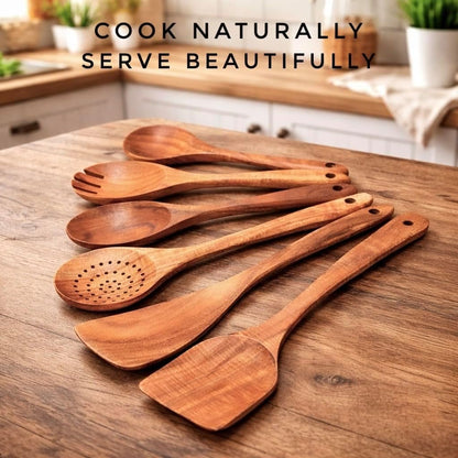 6-Piece Wooden Utensil Set – Premium Teak Wood Cooking Spoons & Spatulas, Non-Stick, Heat-Resistant, Durable & Eco-Friendly Kitchen Tools for Cooking & Serving3