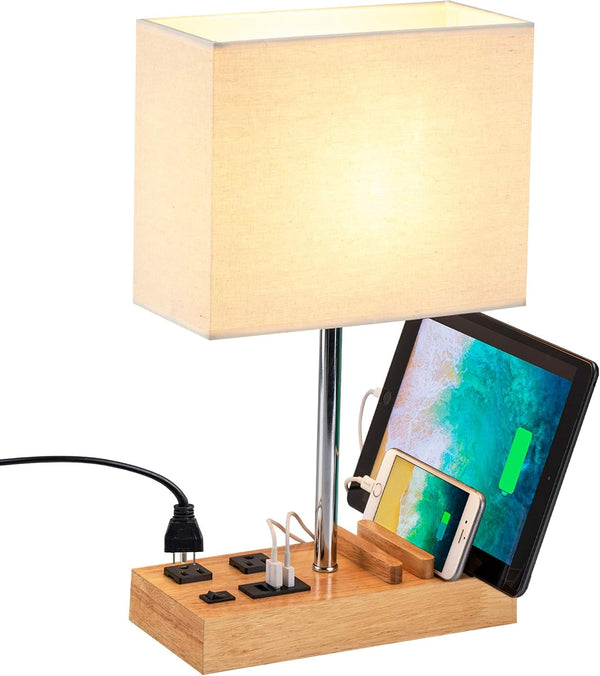 USB Table Lamp, Multi-Functional Desk Lamp with 2 AC Outlets, Bedside Lamp with 3 USB Charging Ports and Wooden Phone Stands, Nightstand Lamp for Bedroom, Livingroom, Office, Natural Wood9