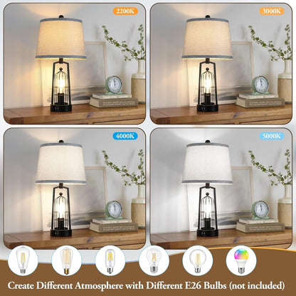 Farmhouse Table Lamps with 2 USB Ports, Set of 2 Rustic Industrial Desk Lamp for Living Room, 2-Light Black Bedside Lamp, Bedroom Nightstand Lamp with Gray Lampshade for House Decor, Reading6