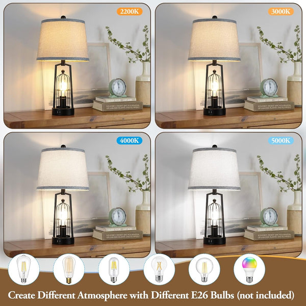 Farmhouse Table Lamps with 2 USB Ports, Set of 2 Rustic Industrial Desk Lamp for Living Room, 2-Light Black Bedside Lamp, Bedroom Nightstand Lamp with Gray Lampshade for House Decor, Reading6