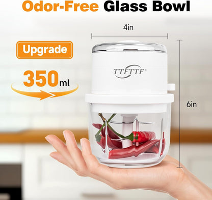 40W 6-Blade Chopper with 350ML Glass Bowl & Cordless USB-C Charging | Fast 5–30 Second Prep for Garlic, Onion, Ginger, Chili & More2