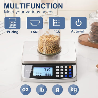 110Lb Food Scale, Commercial Kitchen Scale with Price Computing | Plug-In Usable, 0.05Oz/1G Increment, 304 Stainless Steel, for Cooking, Vegetables, Farm, Industry, Counting. LC300 Silver6