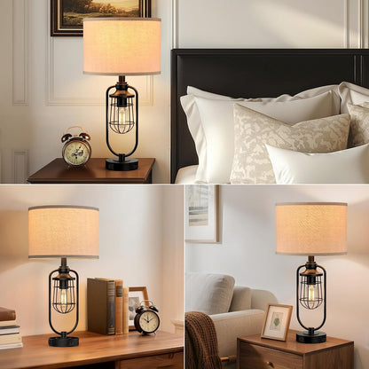 24" Farmhouse Table Lamps for Living Room Set of 2, Black Rustic Lamps for Night Stands with USB Ports, Industrial Bedside Lamp for Bedroom End Tables, Bulbs Included4