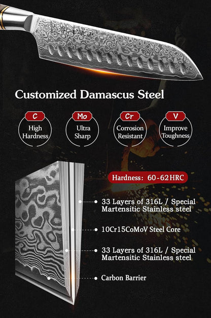 7” Santoku Knife, Damascus Steel Chef Knife, Asian Kitchen Knife Japanese Style, Figured Sycamore Wood Handle4