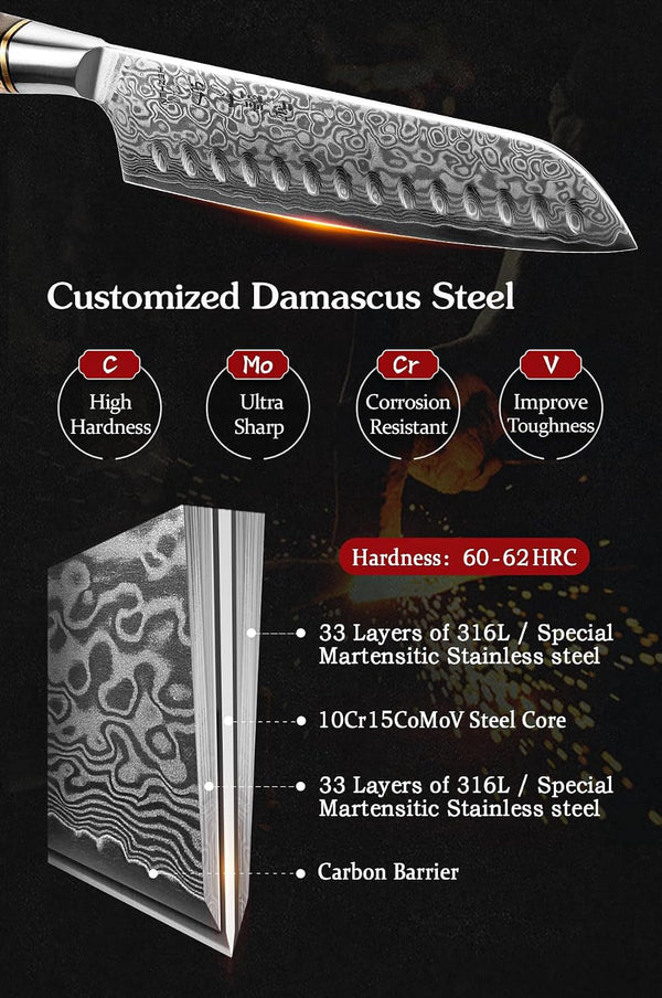7” Santoku Knife, Damascus Steel Chef Knife, Asian Kitchen Knife Japanese Style, Figured Sycamore Wood Handle4
