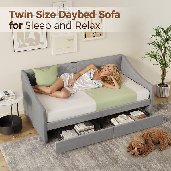 Twin Size Daybed with 2 Storage Drawers, Upholstered Daybed Frame with Charging Station, Heavy Duty Sofa Bed for Bedroom, Living Room, No Box Spring Needed,Easy Assembly7