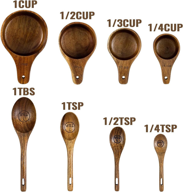 Wooden Measuring Cups and Spoons Set - Eco-Friendly Solid Acacia Wood, Laser Engraved Measurements, Perfect for Baking & Cooking - Ideal for Bakers, Chefs & Home Cooks（Brown）2