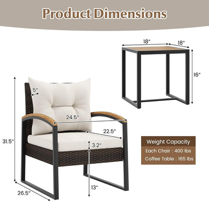 3 Piece Patio Conversation Set, Includes 2 Rattan Chairs and Coffee Table, Solid Acacia Wood Armrests & Tabletop, Outdoor Cushioned Wicker Furniture Set for Backyard, Poolside, Lawn, Garden5